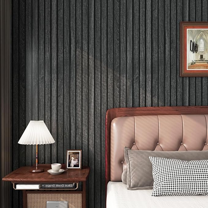 FunStick 36"x200" Slats Wood Wallpaper Peel and Stick Wooden Slats Wall Paneling Wallpaper for Bedroom Living Room Waterproof Black Wood Grain Contact Paper for Cabinets Counter Tops Walls Vinyl Wrap
