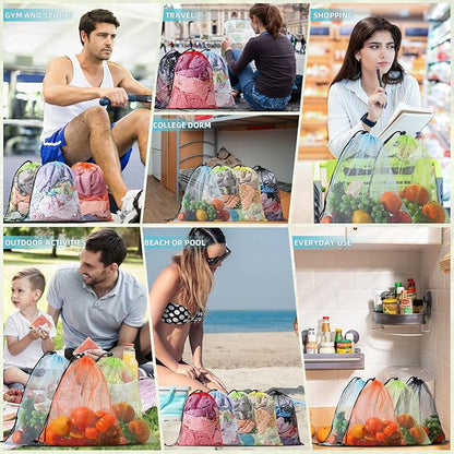10Pcs Multicolor Mesh Drawstring Bags: Nylon Mesh Laundry Gym Travel Beach Bags with Locking Closure