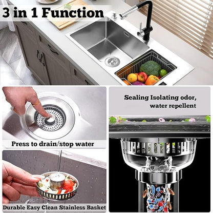 Upgraded 3 in 1 Kitchen Sink Drain Strainer Stopper, Brushed Stainless Steel SUS 304 Pop Up Sink Drain Stopper for Standard 3-1/2 Inch Drain Anti-Clogging Odor Prevention