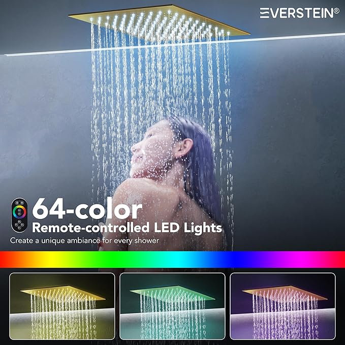 Celling Mount 64 Color LED Mood Lighting Dual Rainfall Shower Head Faucet, 12 Inch Rainfall Shower System (Brushed Gold)