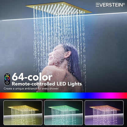 Celling Mount 64 Color LED Mood Lighting Dual Rainfall Shower Head Faucet, 12 Inch Rainfall Shower System (Brushed Gold)