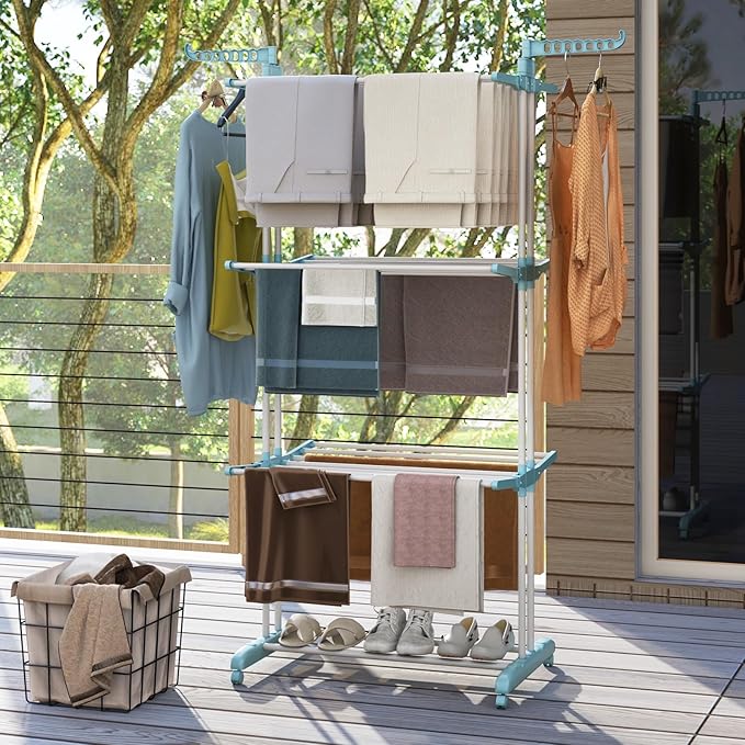 GOFLAME 4-Tier Clothes Drying Rack, Collapsible Clothes Horse Rack with Rotatable Side Wings and Foldable Shelves, Freestanding Garment Dryer Stand with Casters for Indoor and Outdoor Use, Blue
