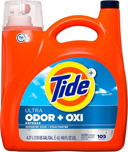 Tide Ultra Odor Defense Plus Oxi Liquid Laundry Detergent, 148 fl oz, 105 Loads, Advanced Odor and Stain Fighting Laundry Detergent Liquid