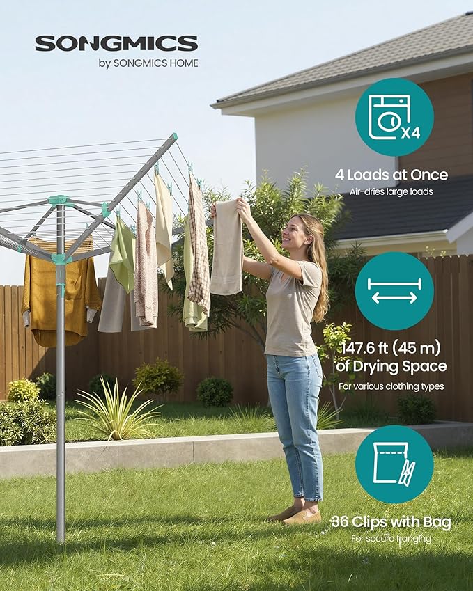 SONGMICS Umbrella Clothesline, Rotary Washing Line, Foldable Heavy-Duty Outdoor Clothes Drying Rack with Clips, Cover, Ground Anchor, 147.6 ft (45 m) Long for 4 Loads of Laundry, Silver ULLR306EZ01