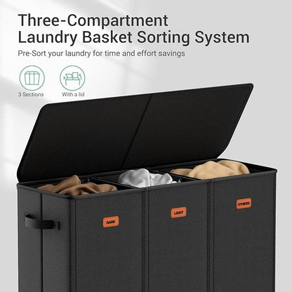 185L Laundry Hamper 3 Section with Lid, Black Dirty Clothes Hamper with 3 Removable Laundry Bags, Large Laundry Basket for Bedroom, Laundry Room, Dorm