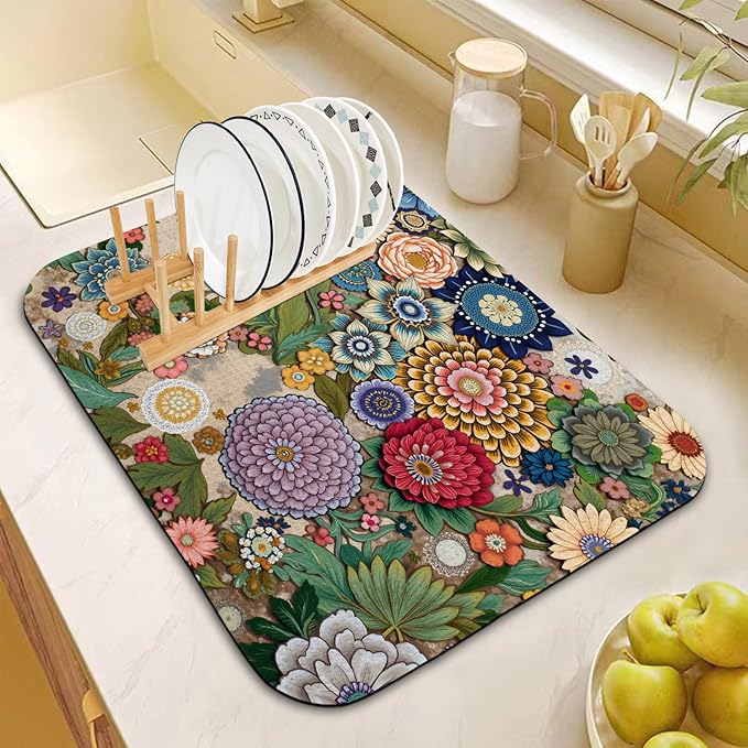 Dish Drying Mat for Kitchen Counter 16x18 Inch, Super Absorbent Dish Drainer Mat, Decorative Microfiber Dishes Drying Pad-Small(Luxurious flowers)