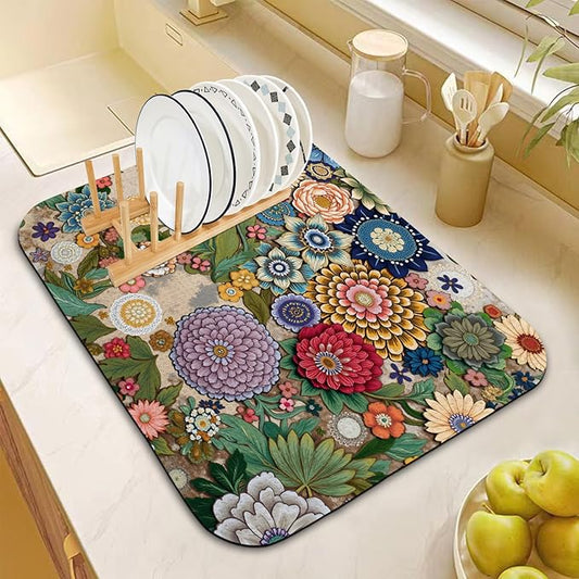Dish Drying Mat for Kitchen Counter 16x18 Inch, Super Absorbent Dish Drainer Mat, Decorative Microfiber Dishes Drying Pad-Small(Luxurious flowers)
