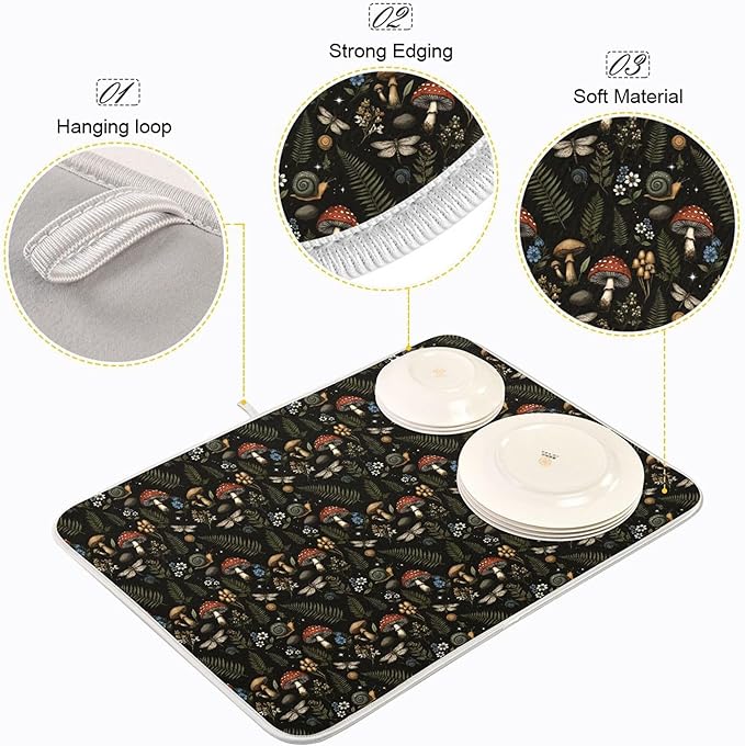 Mushroom Fern Leaves Berry Dish Drying Mat for Kitchen Counter Vintage Botanical Nature Drying Mats Super Absorbent Reversible Microfiber Kitchen Countertop Protector Dishes Pad Large18x24 inch