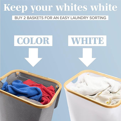 LONBET Laundry Basket with Lid, Made from Breathable Fabric | Aesthetic Clothes Hampers for Laundry with Side Handles & Sturdy Bamboo Frame (26 Gallons - Single, Gray)