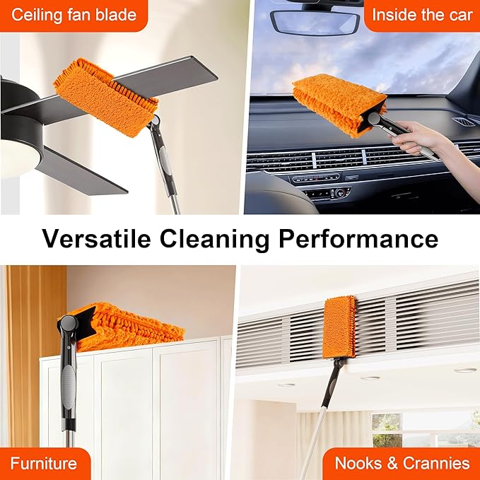 FEXIA Ceiling Fan Cleaner Duster Kit with 6FT Extension Pole, Fan Blade Cleaner Microfiber Cleaning Tool, Reusable Chenille Mops for Blinds Baseboard Wall Cobwebs Bookshelves Door Window Top