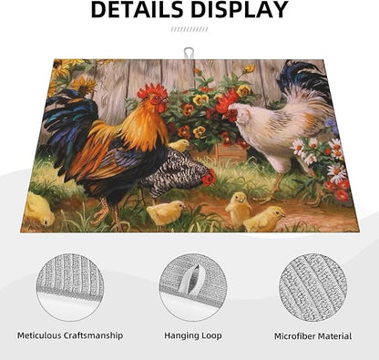 Chicken Family Dish Drying Mats for Kitchen Counter, Absorbent Reversible Microfiber Dish Drying Pad, Multi-Use Large Drying Mat Coffee Bar Accessories 18"x24"