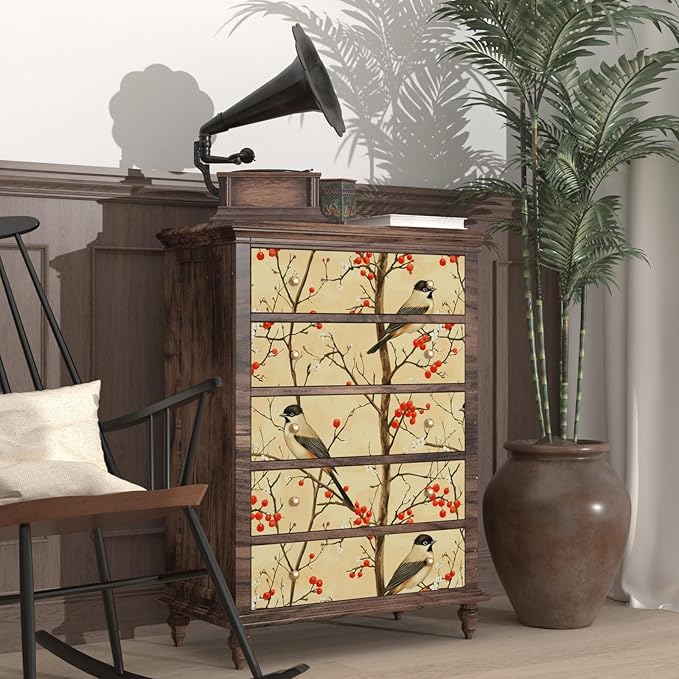 Vintage Bird Wallpaper Peel and Stick, Yellow/Red Botanical Fruits Contact Paper, Retro Floral Wall Paper Self Adhesive Removable Waterproof for Bedroom Walls Shelves Cabinet Drawer Table 17.5" x 118"