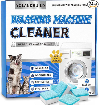 Washing Machine Cleaner Tablets - 24 Pack. Formulated for Pet Owners.Washer Machine Cleaner Remove Stubborn Pet Hair, Residue, Grime and Odors,Compatible with HE, Top & Front Load Washer
