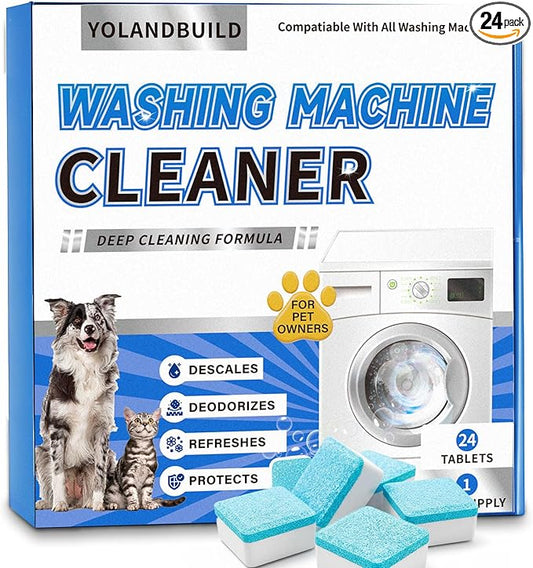 Washing Machine Cleaner Tablets - 24 Pack. Formulated for Pet Owners.Washer Machine Cleaner Remove Stubborn Pet Hair, Residue, Grime and Odors,Compatible with HE, Top & Front Load Washer
