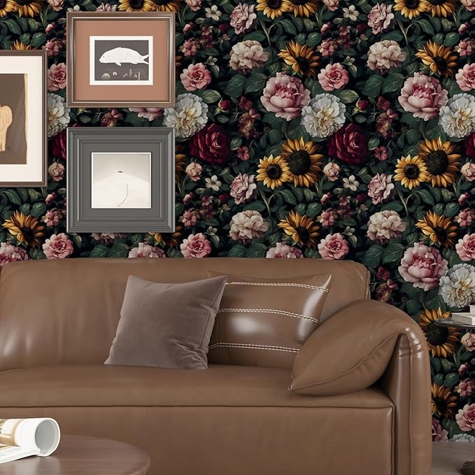 Extra Long Dark Green Leaf Floral Wallpaper 17.5In x 393In, Vintage Flower Garden Botanical Removable Wallpapers Self-Adhesive Contact Paper for Bedroom Cabinet, Accent Wall Decor Hunter Green