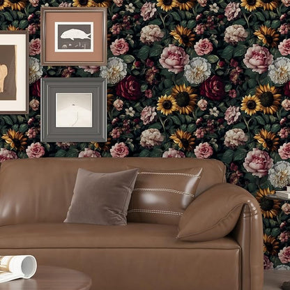 Dark Green Floral Wallpaper Peel and Stick, Vintage Botanical Wallpapers Self-Adhesive Contact Paper for Bedroom Bookshelf Cabinet, Removable Vinyl Wall Paper Black Yellow Pink 17.5In x 118In