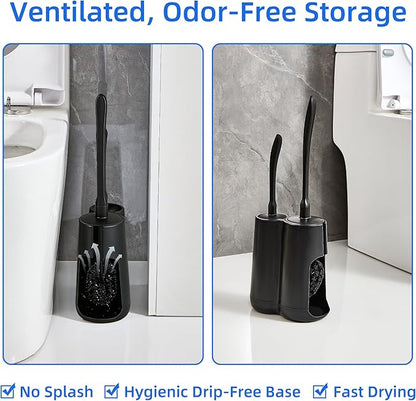 Toilet Brush and Holder Set with Pumice Stone – Long Handle Toilet Bowl Brush, Anti-Splash Scrubber, Ventilated Drip-Free Base, Deep Cleaner for Hard Water Stains, Limescale, Toilet Rings