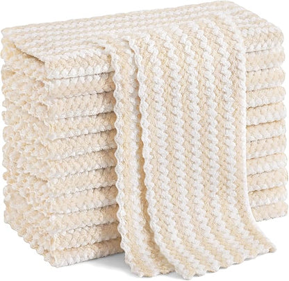 Homaxy 12 Pack Kitchen Dish Cloths, Ultra Soft and Absorbent Dish Towels, Reusable Fast Drying Microfiber Cleaning Cloth, Coral Velvet Wave Design No-lint, 10 x 10 inches, Beige