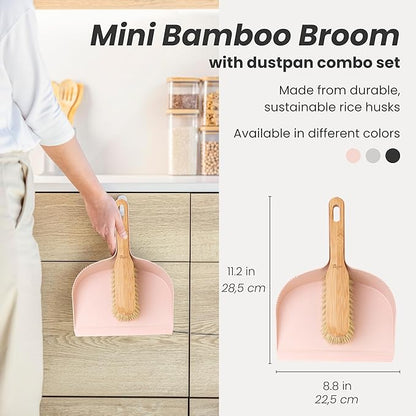 Vigar Zeroline Mini Bamboo Broom with Dustpan Combo Set, Small Dust Pan and Brush Set for Dust, Pet Hair, Car, and Crumb, House, Kitchen Broom, Pink