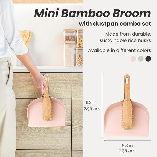 Vigar Zeroline Mini Bamboo Broom with Dustpan Combo Set, Small Dust Pan and Brush Set for Dust, Pet Hair, Car, and Crumb, House, Kitchen Broom, Pink