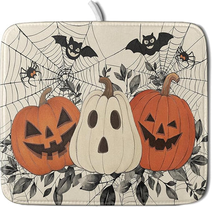 Halloween Pumpkin Dish Drying Mat for Kitchen Counter 16x18 Black Bat Spiderweb Holiday Scary Theme Absorbent Reversible Microfiber Drying Mats Kitchen Countertop Protector Dishes Drainer Pad