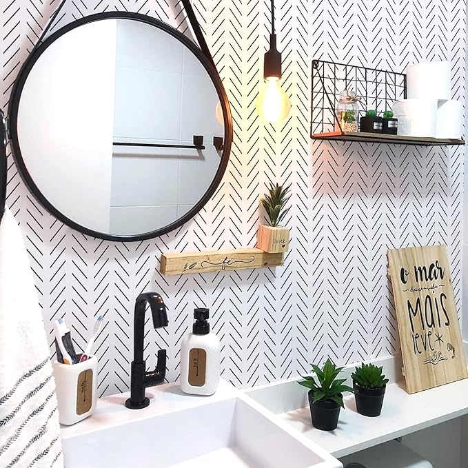 Orainege Black and White Peel and Stick Wallpaper Herringbone Contact Paper for Bathroom 17.7 in x 236.2 in Black Chevron Removable Wall Paper Peel and Stick Modern Geometric Self Adhesive Wallpaper