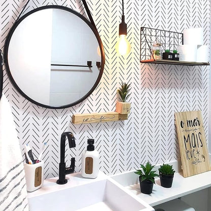 Orainege Black and White Peel and Stick Wallpaper Herringbone Contact Paper for Bathroom 17.7 in x 236.2 in Black Chevron Removable Wall Paper Peel and Stick Modern Geometric Self Adhesive Wallpaper