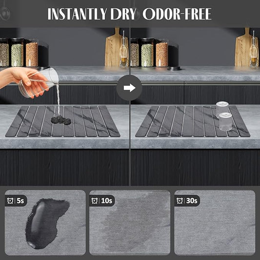 Large Stone Dish Drying Mats for Kitchen Counter, 24"(L)×16"(W) Marble, Drying Collapsible Dish Drying Mat, Eco-Friendly Absorbent Diatomaceous Earth Mats for Dishes Bottles Cups - Dark Grey