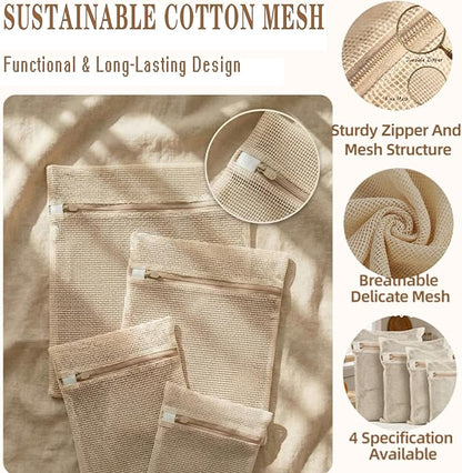 4-Piece Mesh Laundry Bags for Delicates - Premium Cotton, No Dye, Delicate Protection for Bras, Underwear, Socks & Kids Clothes with Sturdy Zippers