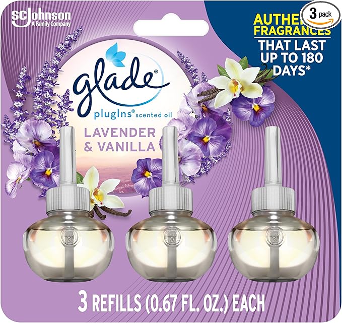 Glade PlugIns Refills Air Freshener, Scented and Essential Oils for Home and Bathroom, Lavender & Vanilla, 2.01 Fl Oz, 3 Count