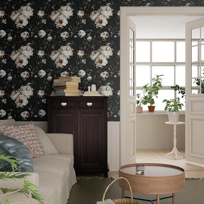 Laatse Dark Floral Wallpapr Peel and Stick Boho Wallpaper 17.5in x 118in Black Contact Paper Waterproof Self Adhesive Vintage Large Floral Wall Paper for Bedroom Walls Cabinet Decor