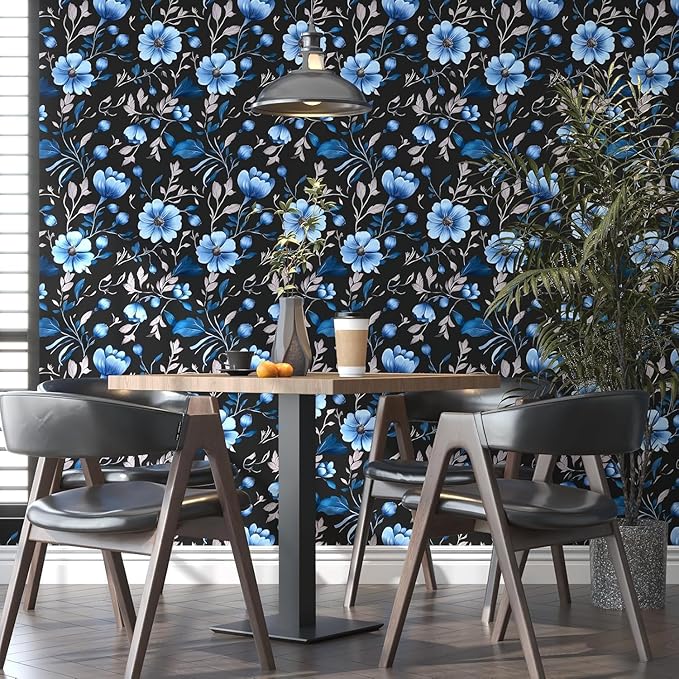 Blue Floral Peel and Stick Wallpaper, Moody Dark Flower Theme Contact Paper Stick on Bedroom Living Room Kitchen, Vintage Self Adhesive Removable Wall Paper Dark Black Blue 17.5In x 118In