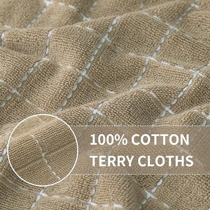 Homaxy 100% Cotton Terry Kitchen Towels(Tan, 13 x 28 inches), Checkered Designed, Soft and Super Absorbent Dish Towels, 8 Pack