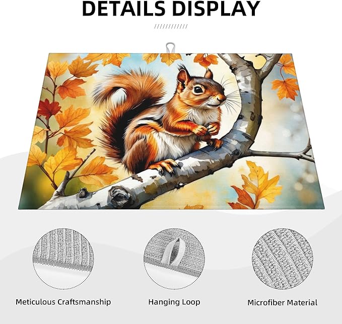 Squirrel on Tree Dish Drying Mats for Kitchen Counter, Absorbent Reversible Microfiber Dish Drying Pad, Multi-Use Large Drying Mat Coffee Bar Accessories 18"x24"