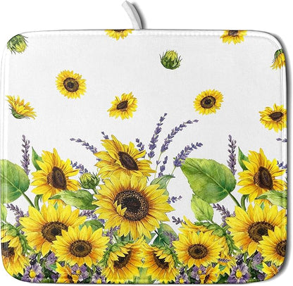 Sunflower Dish Drying Mat for Kitchen Counter 18x16 Inch Floral Lavender Drying Mat with Absorbent Reversible Microfiber Season Spring Summer Dish Drainer Mats Rack Pad for Coffee Countertop Protector