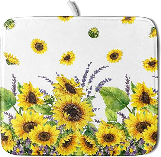 Sunflower Dish Drying Mat for Kitchen Counter 18x16 Inch Floral Lavender Drying Mat with Absorbent Reversible Microfiber Season Spring Summer Dish Drainer Mats Rack Pad for Coffee Countertop Protector