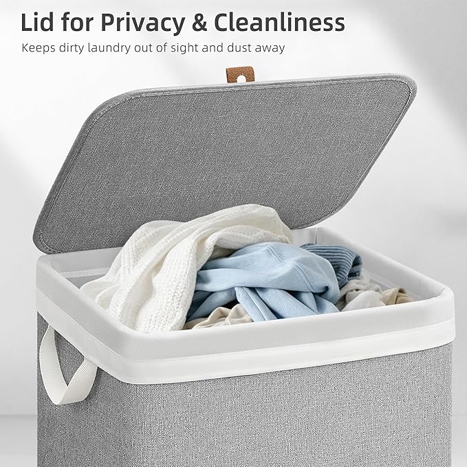 STORAGE MANIAC Metal Frame Laundry Hamper with Lid, 90L Tall Laundry Baskets with Removeable Bag, Large Clothes Hamper with PU Tag, Laundry Bin for Dorm, Collage, Bathroom, Bedroom, Gray
