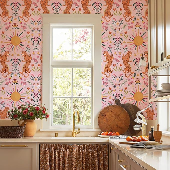 JiffDiff Pink Tiger Peel and Stick Wallpaper - Tropical Tiger Boho Removable Self Adhesive Jungle Animal Wall Paper for Bedroom, Living Room, Nursery Waterproof DIY Wall Decor (17.3" x 240")