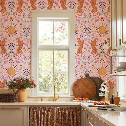 JiffDiff Pink Tiger Peel and Stick Wallpaper - Tropical Tiger Boho Removable Self Adhesive Jungle Animal Wall Paper for Bedroom, Living Room, Nursery Waterproof DIY Wall Decor (17.3" x 240")