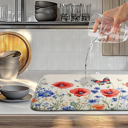 Patriotic Dish Drying Mats for Kitchen Counter 4th of July Kitchen Dishes Dryer Pad Red Blue Flowers Absorbent Dish Mat Microfiber Washable Foldable Reusable Large 18x24 in