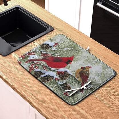 Winter Dish Drying Mat for Kitchen Counter 18x24 Inch Christmas Red Birds Drying Mats Xmas Holiday Microfiber Absorbent Dishes Drainer Mats Cardinal Dish Rack Pad