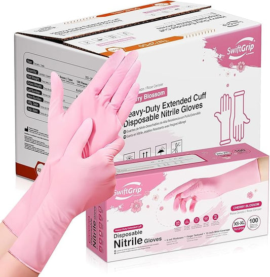 Disposable Nitrile Dishwashing Gloves, Extended 12 Inches Cuff, 6-mil, Cherry Blossom Cleaning Gloves, Latex-Free