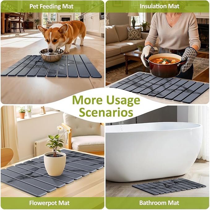 Large Stone Dish Drying Mat for Kitchen Counter, 24"(L)×16"(W), Collapsible Quick Dry Stone Dish Mats, Super Absorbent Diatomaceous Earth Drying Pad for Dishes Bottles Cups, Countertops (Marble)