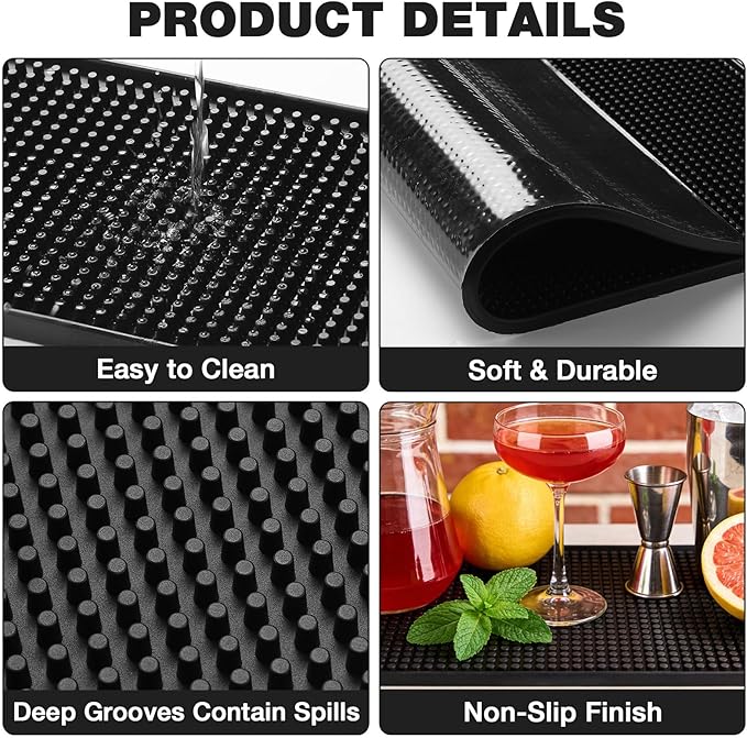 Facmogu 18 x 12 Inch Rubber Bar Mats, Black Heavy Duty Bar Mat PVC Rubber Wet Dish Drying Spill Matting Non Slip Heat Resistant for KTV Bar Glass, Restaurant, Home Counters