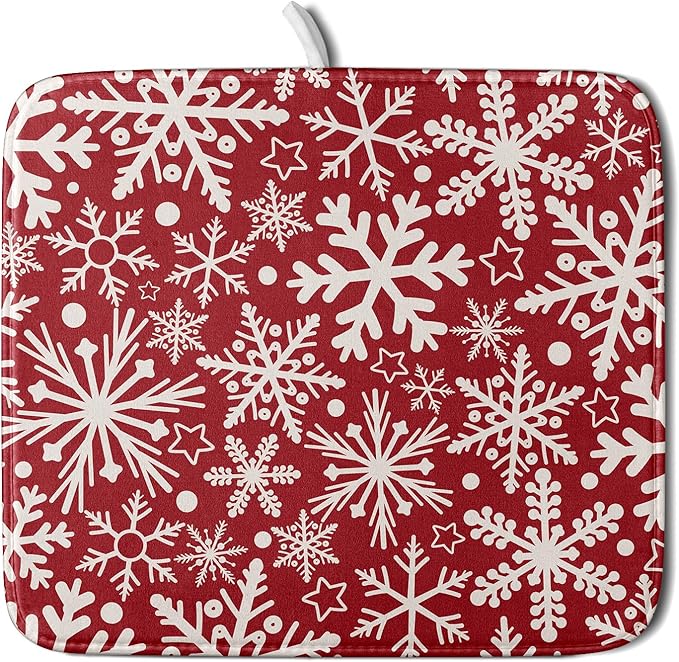 Christmas Dish Drying Mat for Kitchen Counter 16x18 Dark Red Snowflake Winter Xmas Holiday Absorbent Reversible Microfiber Drying Mats Kitchen Countertop Protector Dishes Drainer Pad