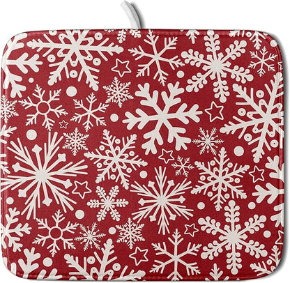 Christmas Dish Drying Mat for Kitchen Counter 16x18 Dark Red Snowflake Winter Xmas Holiday Absorbent Reversible Microfiber Drying Mats Kitchen Countertop Protector Dishes Drainer Pad