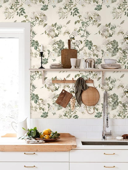 Wudnaye Vintage Floral Peel and Stick Wallpaper Beige Flower Contact Paper16.9’’×118’’Green Leaf Self Adhesive Removable Wallpaper Floral Rose Wall Paper Waterproof for Bathroom Bedroom Cabinets Decor