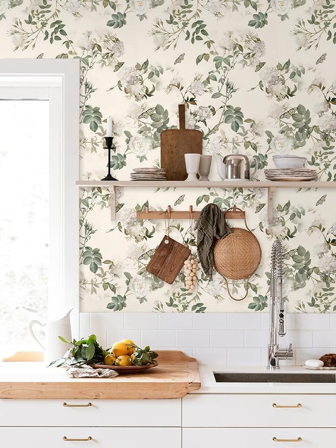 Wudnaye Vintage Floral Peel and Stick Wallpaper Beige Flower Contact Paper16.9’’×196’’Green Leaf Self Adhesive Removable Wallpaper Floral Rose Wall Paper Waterproof for Bathroom Bedroom Cabinets Decor
