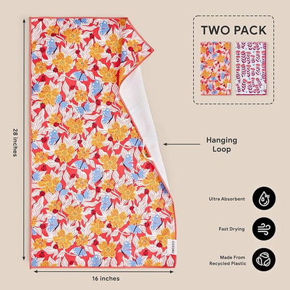 RECYCO Waffle Kitchen Towel Set of 2 - Quick Dry Microfiber Sustainable Dish Towels - Absorbent Reusable Cleaning Tea Towels - Lightweight Hand Towels,16”x 28”, Blossom Brilliance Pink