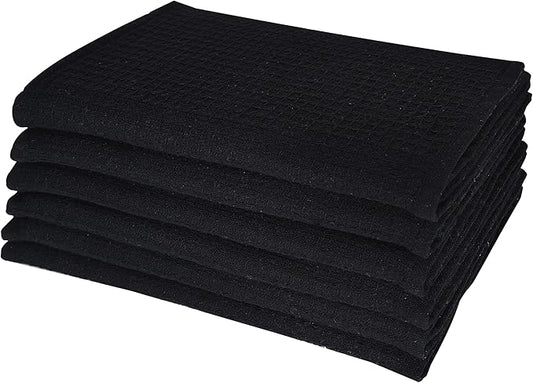 Dish Towels|Kitchen Dish Cloths Two-Sided Waffle Terry|13x28 Inches 100% Cotton Dish Rags Washing Dishes|Super Absorbent Reusable Quick Drying Dish Towels| 6-Pc Set Black